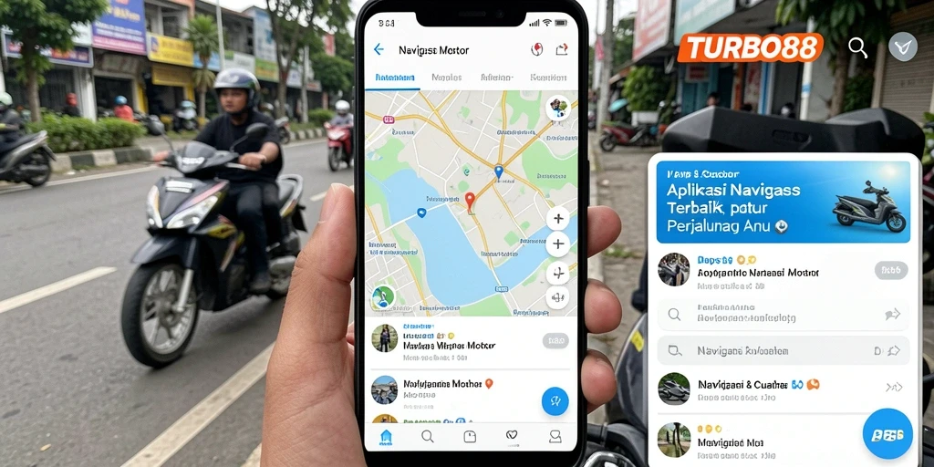 Tampilan utama TURBO88 menunjukkan peta dan rute navigasi motor.